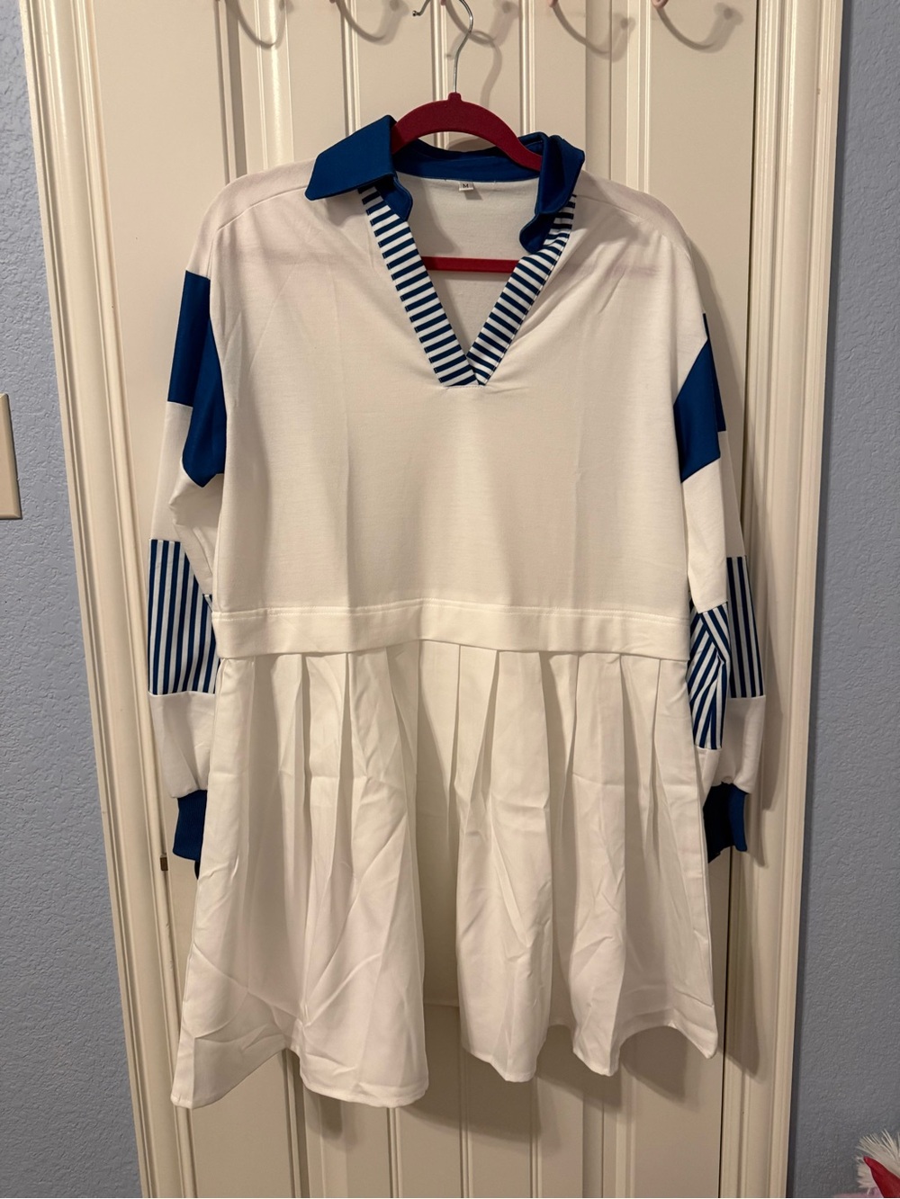 White Tunic Dress with Blue Striped Accents